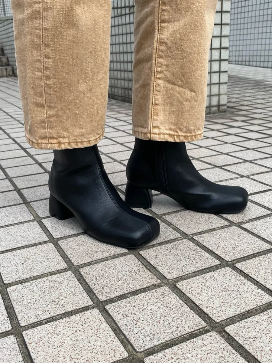 ワイドスクエアトゥ ブーツ ショートブーツ レディース