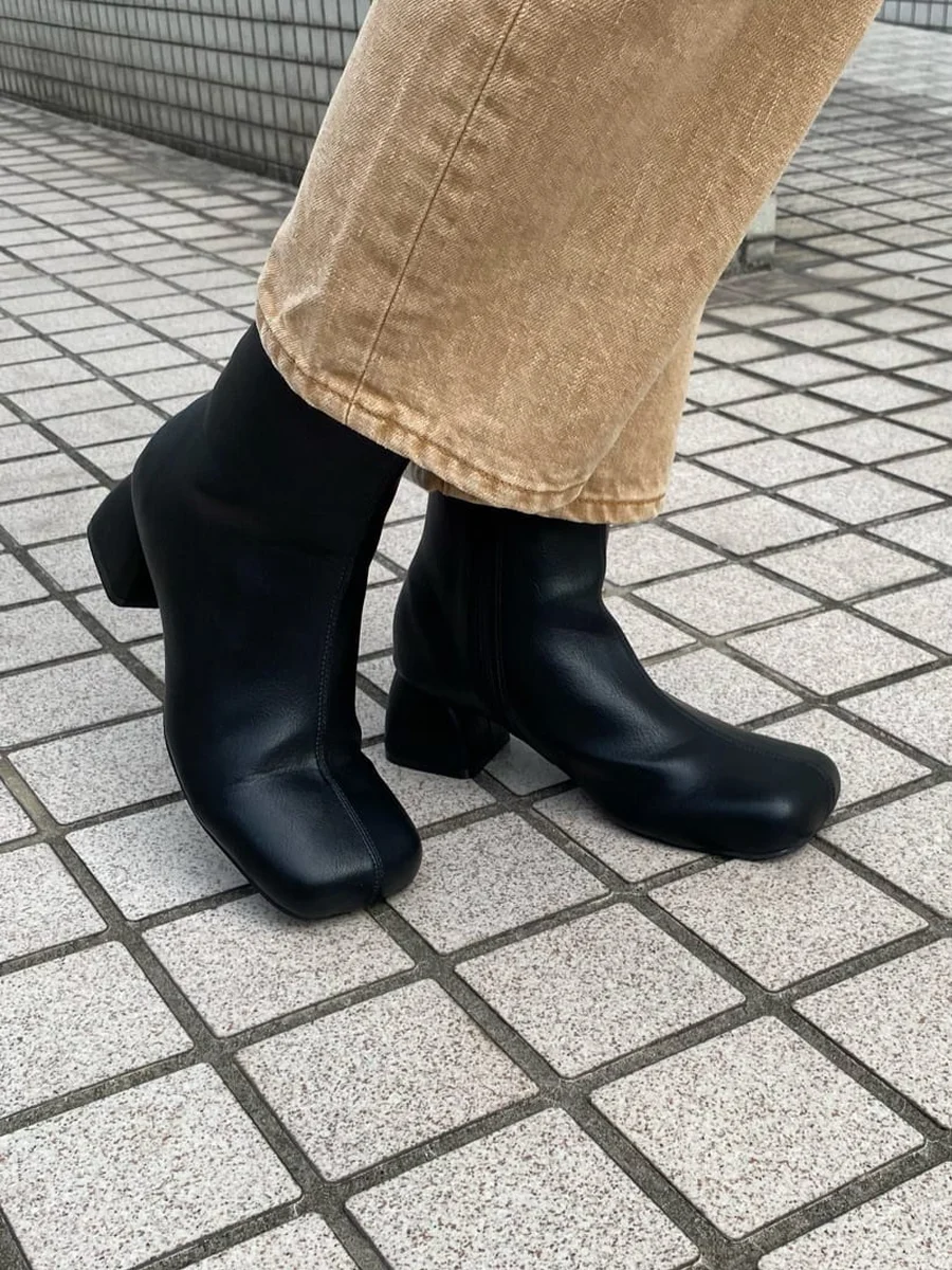 ワイドスクエアトゥ ブーツ ショートブーツ レディース